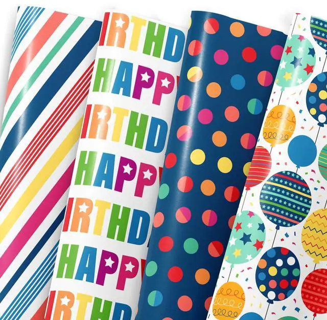 Main image of Birthday Wrapping Paper for Boys Girls Women Men,12 Sheets Gift Wrapping Paper with Happy Birthday Polka Dots, Balloons, Colorful Stripes - Holiday Gift Wrap 20×28 Inch