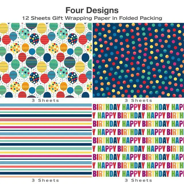 Alt view image 3 of 7 - Birthday Wrapping Paper for Boys Girls Women Men,12 Sheets Gift Wrapping Paper with Happy Birthday Polka Dots, Balloons, Colorful Stripes - Holiday Gift Wrap 20×28 Inch