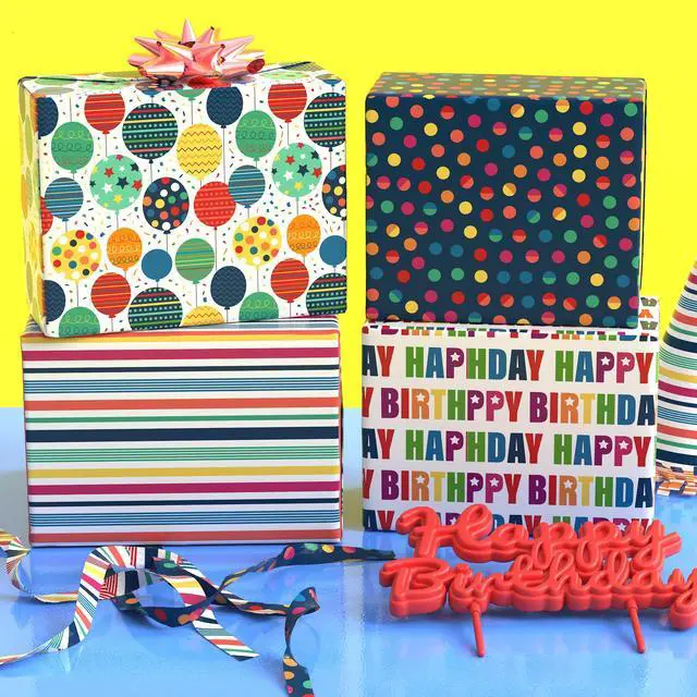 Alt view image 2 of 7 - Birthday Wrapping Paper for Boys Girls Women Men,12 Sheets Gift Wrapping Paper with Happy Birthday Polka Dots, Balloons, Colorful Stripes - Holiday Gift Wrap 20×28 Inch