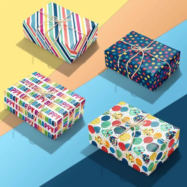 Alt view image 7 of 7 - Birthday Wrapping Paper for Boys Girls Women Men,12 Sheets Gift Wrapping Paper with Happy Birthday Polka Dots, Balloons, Colorful Stripes - Holiday Gift Wrap 20×28 Inch