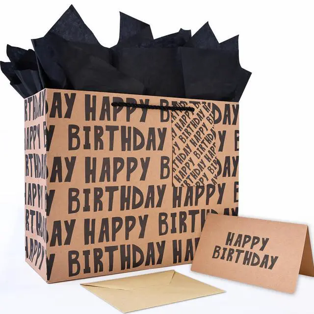 Main image of Birthday Gift Bag, Kraft Paper Large Gift Bag, Classic Black Lettering Design Happy Birthday Bag Set with Greeting Card, Tag, Envelope & Tissue Paper for Men, Boys, Kid