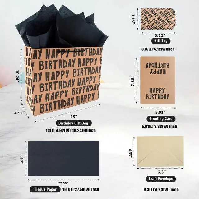 Alt view image 3 of 6 - Birthday Gift Bag, Kraft Paper Large Gift Bag, Classic Black Lettering Design Happy Birthday Bag Set with Greeting Card, Tag, Envelope & Tissue Paper for Men, Boys, Kid