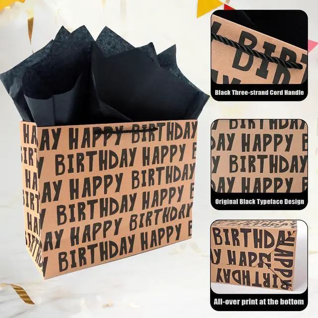 Alt view image 2 of 6 - Birthday Gift Bag, Kraft Paper Large Gift Bag, Classic Black Lettering Design Happy Birthday Bag Set with Greeting Card, Tag, Envelope & Tissue Paper for Men, Boys, Kid