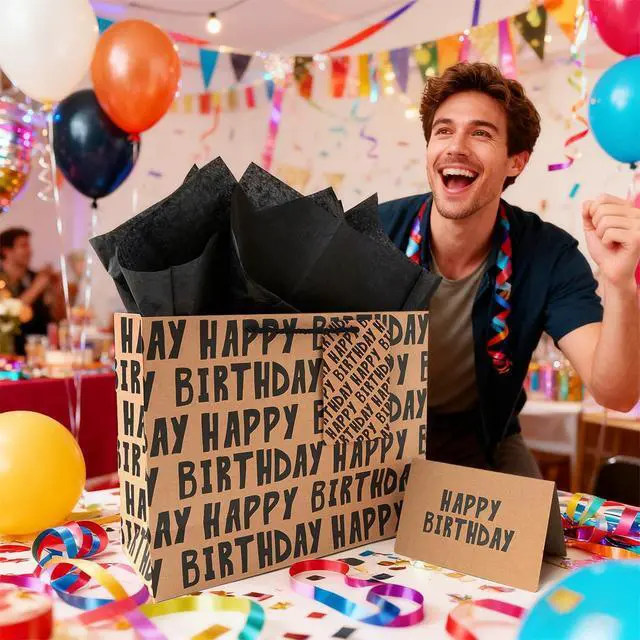 Alt view image 5 of 6 - Birthday Gift Bag, Kraft Paper Large Gift Bag, Classic Black Lettering Design Happy Birthday Bag Set with Greeting Card, Tag, Envelope & Tissue Paper for Men, Boys, Kid