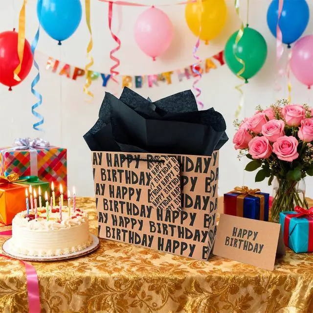 Alt view image 6 of 6 - Birthday Gift Bag, Kraft Paper Large Gift Bag, Classic Black Lettering Design Happy Birthday Bag Set with Greeting Card, Tag, Envelope & Tissue Paper for Men, Boys, Kid