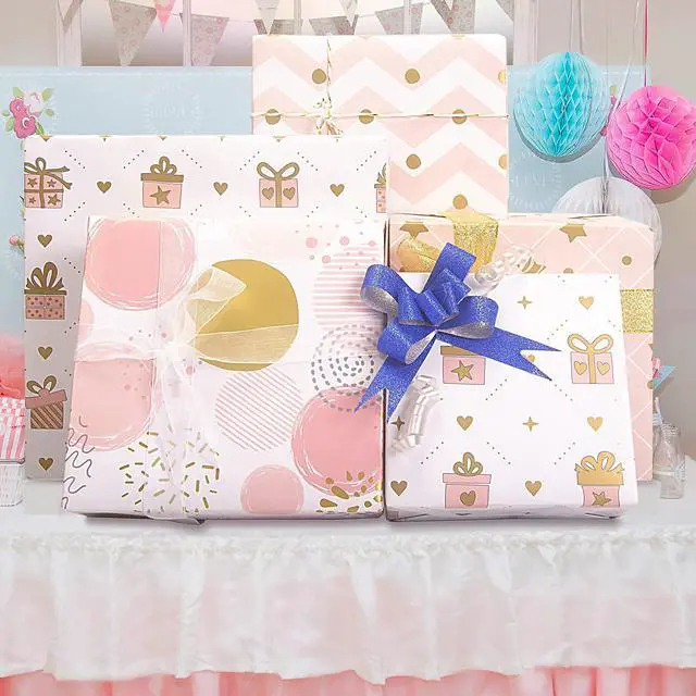 Alt view image 2 of 7 - Wrapping Paper for Girl, Metallic Gold Foil Wrapping Paper, Pink Gift Wrap for Birthday, Valentines Day, Christmas, Wedding, Baby Shower,4 Sheets 27.5x19.6inch