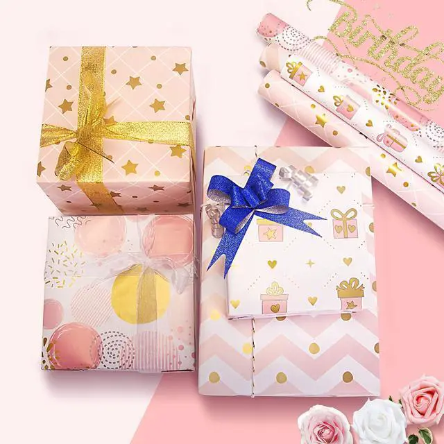 Alt view image 5 of 7 - Wrapping Paper for Girl, Metallic Gold Foil Wrapping Paper, Pink Gift Wrap for Birthday, Valentines Day, Christmas, Wedding, Baby Shower,4 Sheets 27.5x19.6inch