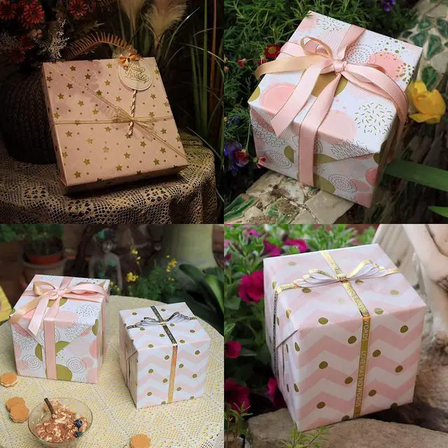 Alt view image 6 of 7 - Wrapping Paper for Girl, Metallic Gold Foil Wrapping Paper, Pink Gift Wrap for Birthday, Valentines Day, Christmas, Wedding, Baby Shower,4 Sheets 27.5x19.6inch
