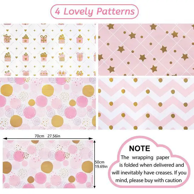 Alt view image 7 of 7 - Wrapping Paper for Girl, Metallic Gold Foil Wrapping Paper, Pink Gift Wrap for Birthday, Valentines Day, Christmas, Wedding, Baby Shower,4 Sheets 27.5x19.6inch