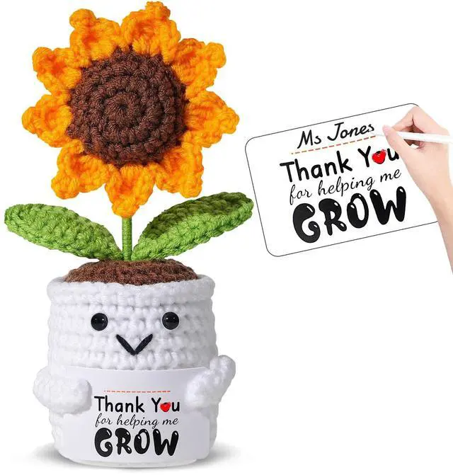 Main image of Teacher Appreciation Gifts for Women - Handmade Crochet Sunflower Pot with Thank You for Helping Me Grow Personalized Card, Graduation End of Year Teacher Retirement Gift, Thank You Gifts for Women