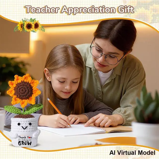 Alt view image 2 of 7 - Teacher Appreciation Gifts for Women - Handmade Crochet Sunflower Pot with Thank You for Helping Me Grow Personalized Card, Graduation End of Year Teacher Retirement Gift, Thank You Gifts for Women