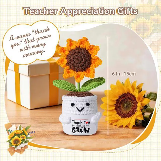 Alt view image 4 of 7 - Teacher Appreciation Gifts for Women - Handmade Crochet Sunflower Pot with Thank You for Helping Me Grow Personalized Card, Graduation End of Year Teacher Retirement Gift, Thank You Gifts for Women
