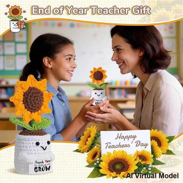 Alt view image 6 of 7 - Teacher Appreciation Gifts for Women - Handmade Crochet Sunflower Pot with Thank You for Helping Me Grow Personalized Card, Graduation End of Year Teacher Retirement Gift, Thank You Gifts for Women