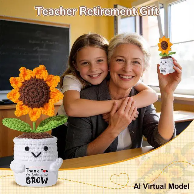 Alt view image 5 of 7 - Teacher Appreciation Gifts for Women - Handmade Crochet Sunflower Pot with Thank You for Helping Me Grow Personalized Card, Graduation End of Year Teacher Retirement Gift, Thank You Gifts for Women