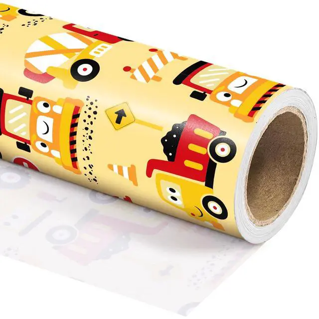Alt view image 2 of 7 - Construction Wrapping Paper Roll - Mini Roll - 17 Inch x 9.8 Feet - Yellow Digger Tractor Truck Design for Kids Boys Birthday, Baby Shower