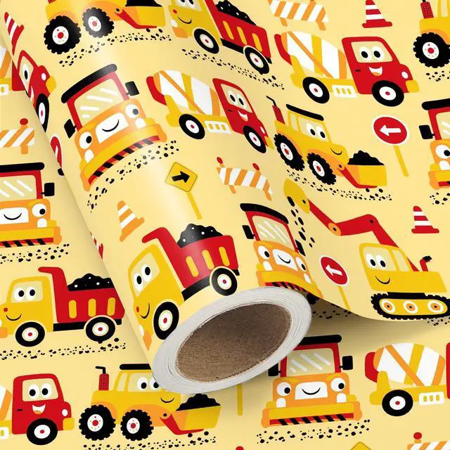 Alt view image 3 of 7 - Construction Wrapping Paper Roll - Mini Roll - 17 Inch x 9.8 Feet - Yellow Digger Tractor Truck Design for Kids Boys Birthday, Baby Shower