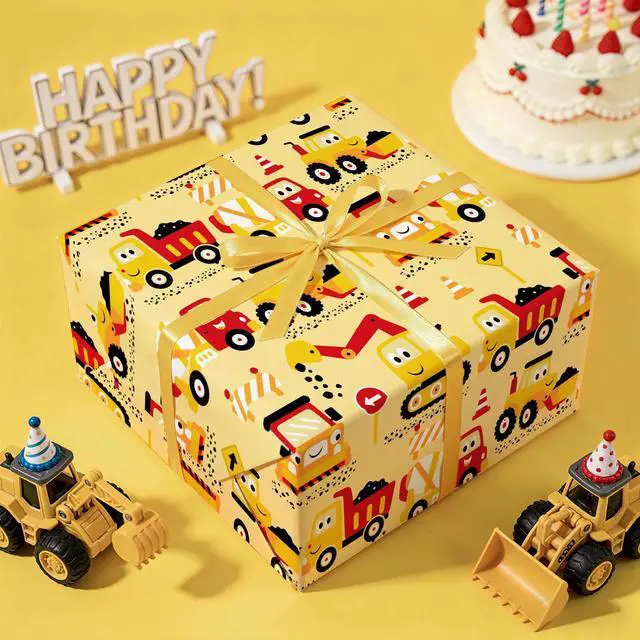 Alt view image 4 of 7 - Construction Wrapping Paper Roll - Mini Roll - 17 Inch x 9.8 Feet - Yellow Digger Tractor Truck Design for Kids Boys Birthday, Baby Shower