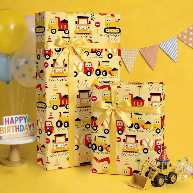 Alt view image 5 of 7 - Construction Wrapping Paper Roll - Mini Roll - 17 Inch x 9.8 Feet - Yellow Digger Tractor Truck Design for Kids Boys Birthday, Baby Shower