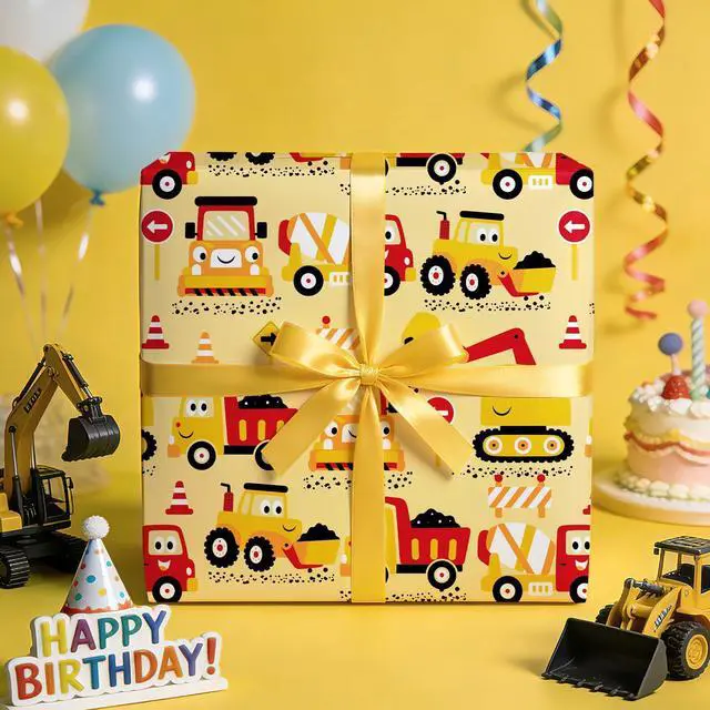 Alt view image 7 of 7 - Construction Wrapping Paper Roll - Mini Roll - 17 Inch x 9.8 Feet - Yellow Digger Tractor Truck Design for Kids Boys Birthday, Baby Shower