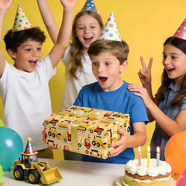 Alt view image 6 of 7 - Construction Wrapping Paper Roll - Mini Roll - 17 Inch x 9.8 Feet - Yellow Digger Tractor Truck Design for Kids Boys Birthday, Baby Shower