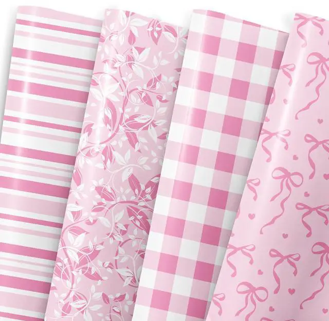 Main image of Pink Wrapping Paper Sheet - 8 Sheets Folded Flat Gift Wrap with Cute Ribbon Bow, Pink Plaid, Stripes and Leaves Design for Girl Baby Shower, Birthday, Wedding - 20 X 28 Inch Per Sheet