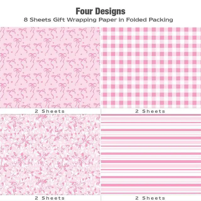 Alt view image 3 of 7 - Pink Wrapping Paper Sheet - 8 Sheets Folded Flat Gift Wrap with Cute Ribbon Bow, Pink Plaid, Stripes and Leaves Design for Girl Baby Shower, Birthday, Wedding - 20 X 28 Inch Per Sheet