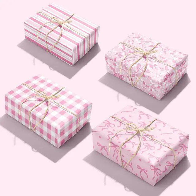 Alt view image 4 of 7 - Pink Wrapping Paper Sheet - 8 Sheets Folded Flat Gift Wrap with Cute Ribbon Bow, Pink Plaid, Stripes and Leaves Design for Girl Baby Shower, Birthday, Wedding - 20 X 28 Inch Per Sheet