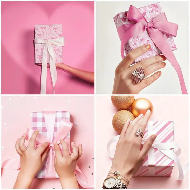 Alt view image 7 of 7 - Pink Wrapping Paper Sheet - 8 Sheets Folded Flat Gift Wrap with Cute Ribbon Bow, Pink Plaid, Stripes and Leaves Design for Girl Baby Shower, Birthday, Wedding - 20 X 28 Inch Per Sheet