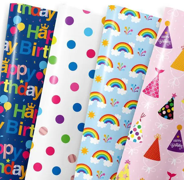 Main image of Birthday Wrapping Paper Sheet - 8 Sheets Folded Flat Gift Wrap with Colorful Hat, Happy Birthday Lettering, Rainbow with Clouds, Polka Dots for Party, Baby Shower - 20 X 28 Inch Per Sheet