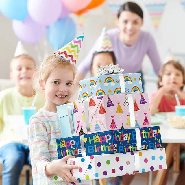 Alt view image 2 of 7 - Birthday Wrapping Paper Sheet - 8 Sheets Folded Flat Gift Wrap with Colorful Hat, Happy Birthday Lettering, Rainbow with Clouds, Polka Dots for Party, Baby Shower - 20 X 28 Inch Per Sheet