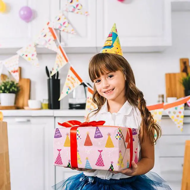 Alt view image 6 of 7 - Birthday Wrapping Paper Sheet - 8 Sheets Folded Flat Gift Wrap with Colorful Hat, Happy Birthday Lettering, Rainbow with Clouds, Polka Dots for Party, Baby Shower - 20 X 28 Inch Per Sheet