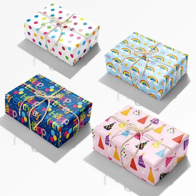 Alt view image 4 of 7 - Birthday Wrapping Paper Sheet - 8 Sheets Folded Flat Gift Wrap with Colorful Hat, Happy Birthday Lettering, Rainbow with Clouds, Polka Dots for Party, Baby Shower - 20 X 28 Inch Per Sheet