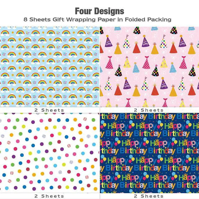 Alt view image 3 of 7 - Birthday Wrapping Paper Sheet - 8 Sheets Folded Flat Gift Wrap with Colorful Hat, Happy Birthday Lettering, Rainbow with Clouds, Polka Dots for Party, Baby Shower - 20 X 28 Inch Per Sheet