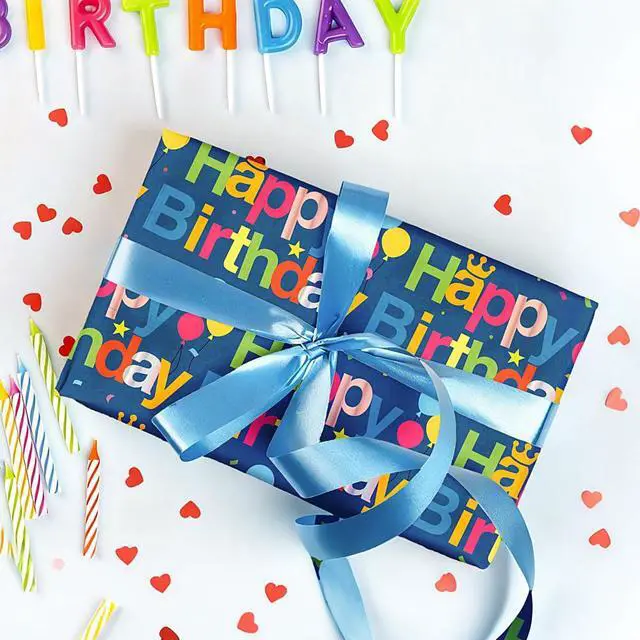 Alt view image 7 of 7 - Birthday Wrapping Paper Sheet - 8 Sheets Folded Flat Gift Wrap with Colorful Hat, Happy Birthday Lettering, Rainbow with Clouds, Polka Dots for Party, Baby Shower - 20 X 28 Inch Per Sheet