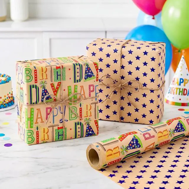Alt view image 2 of 7 - Reversible Kraft Birthday Wrapping Paper, 17" x 9.8 ft Mini Roll Double Sided, Gift Wrap for Kids Boys Girls Happy Birthday Party Celebration