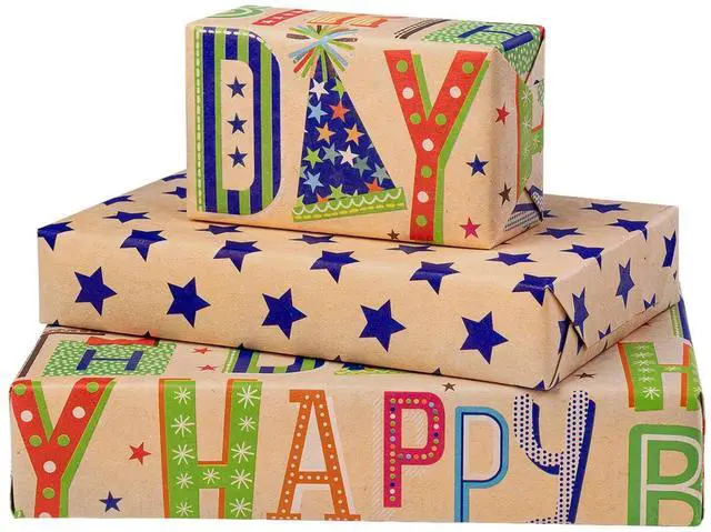 Main image of Reversible Kraft Birthday Wrapping Paper, 17" x 9.8 ft Mini Roll Double Sided, Gift Wrap for Kids Boys Girls Happy Birthday Party Celebration