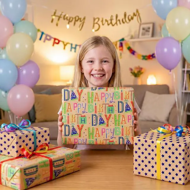Alt view image 3 of 7 - Reversible Kraft Birthday Wrapping Paper, 17" x 9.8 ft Mini Roll Double Sided, Gift Wrap for Kids Boys Girls Happy Birthday Party Celebration