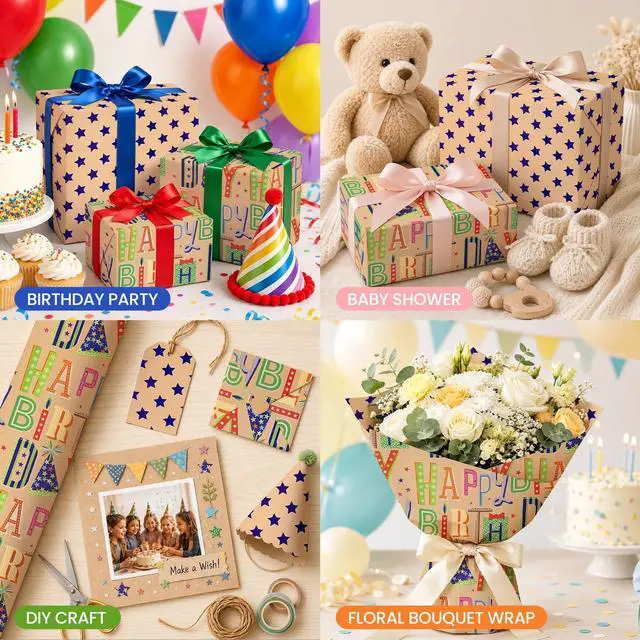 Alt view image 4 of 7 - Reversible Kraft Birthday Wrapping Paper, 17" x 9.8 ft Mini Roll Double Sided, Gift Wrap for Kids Boys Girls Happy Birthday Party Celebration