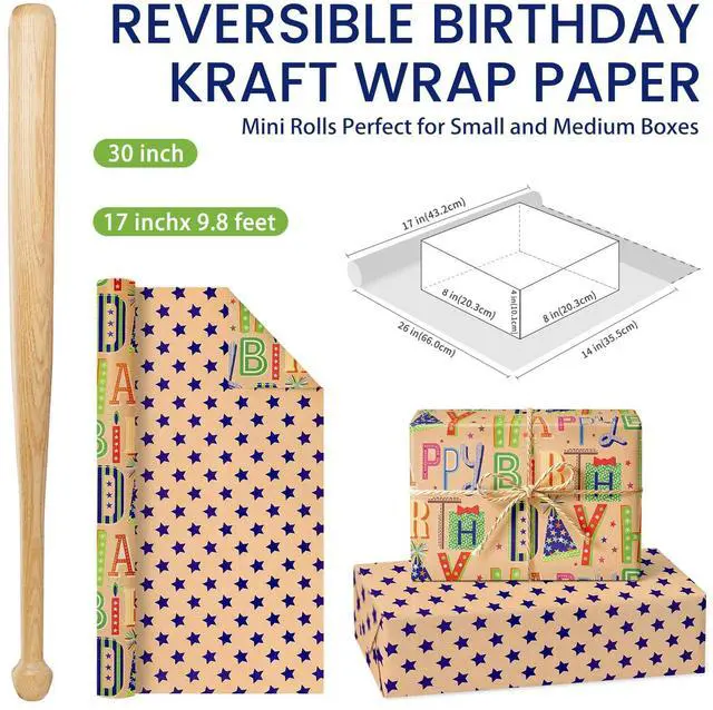 Alt view image 5 of 7 - Reversible Kraft Birthday Wrapping Paper, 17" x 9.8 ft Mini Roll Double Sided, Gift Wrap for Kids Boys Girls Happy Birthday Party Celebration