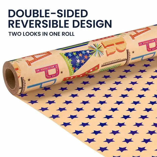 Alt view image 6 of 7 - Reversible Kraft Birthday Wrapping Paper, 17" x 9.8 ft Mini Roll Double Sided, Gift Wrap for Kids Boys Girls Happy Birthday Party Celebration