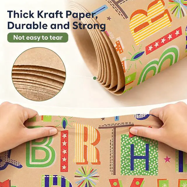 Alt view image 7 of 7 - Reversible Kraft Birthday Wrapping Paper, 17" x 9.8 ft Mini Roll Double Sided, Gift Wrap for Kids Boys Girls Happy Birthday Party Celebration