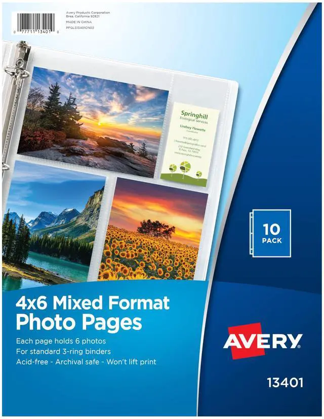 Main image of Clear Mixed Format Photo Pages for 3 Ring Binder, Acid Free, Holds 4" x 6" Photos, 10 Photo Protectors (13401)