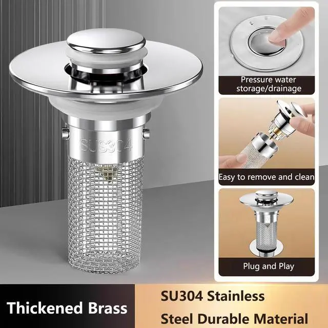 Alt view image 2 of 7 - 2Pack Bathroom Sink Drain Strainer, for 1.1to 1.45 inches Sink Drain Stopper Pop Up Sink Drain Filter, with Removable Stainless Steel Filter Basket Hair Catcher, for Bathtubs, Showers, Floor Drains