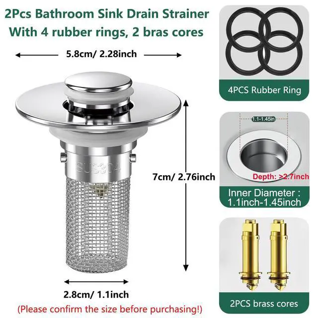 Alt view image 3 of 7 - 2Pack Bathroom Sink Drain Strainer, for 1.1to 1.45 inches Sink Drain Stopper Pop Up Sink Drain Filter, with Removable Stainless Steel Filter Basket Hair Catcher, for Bathtubs, Showers, Floor Drains