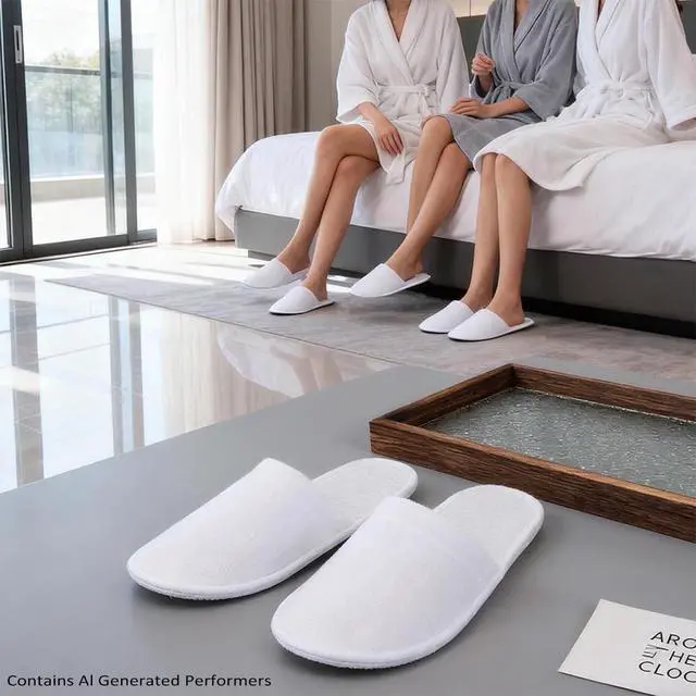 Alt view image 3 of 7 - 4 Pairs Disposable Slippers For Guests, Bulk White Slipper Pack For Hotel, Spa, Travel, Shoeless Home, Fits up to Adult