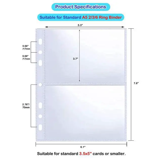 Alt view image 2 of 7 - 30 Pack 3.5x5 Card Sleeves Binder Sheets, 6/3 Ring A5 Binder Inserts, Ultra-Clear Double Sided 2 Pocket, Top Loading, for Trading Card, Photocard and Index Card