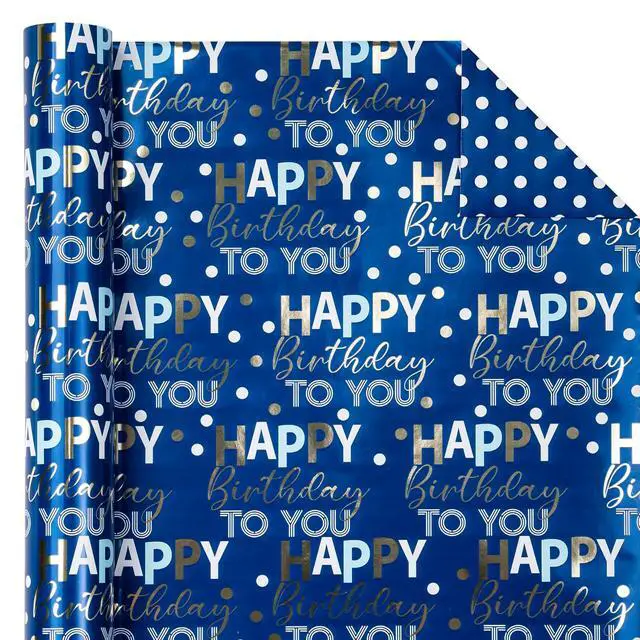 Alt view image 2 of 7 - Reversible Birthday Wrapping Paper - Mini Roll - 17 Inch x 10 Feet - Blue and Gold Foil Happy Birthday Wrapping Paper for Boys, Men, Kids, Baby Shower