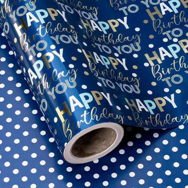 Main image of Reversible Birthday Wrapping Paper - Mini Roll - 17 Inch x 10 Feet - Blue and Gold Foil Happy Birthday Wrapping Paper for Boys, Men, Kids, Baby Shower