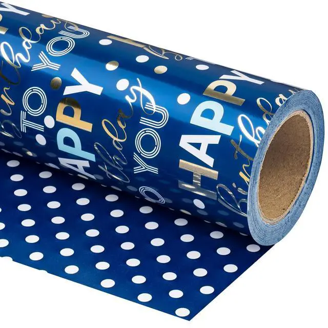 Alt view image 3 of 7 - Reversible Birthday Wrapping Paper - Mini Roll - 17 Inch x 10 Feet - Blue and Gold Foil Happy Birthday Wrapping Paper for Boys, Men, Kids, Baby Shower