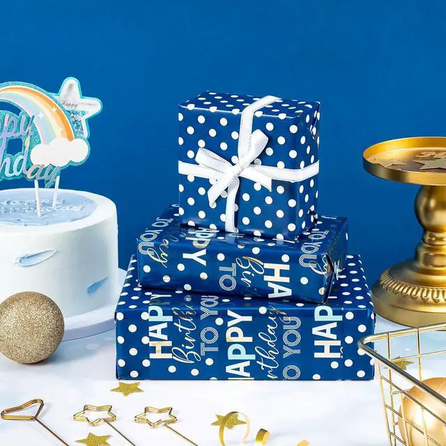 Alt view image 4 of 7 - Reversible Birthday Wrapping Paper - Mini Roll - 17 Inch x 10 Feet - Blue and Gold Foil Happy Birthday Wrapping Paper for Boys, Men, Kids, Baby Shower